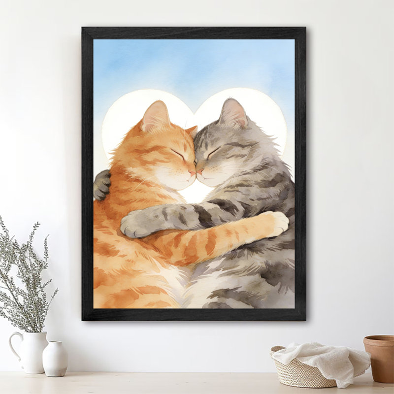 Reproduction d'art encadrée noire de chats rétro se blottissant ensemble, H 11 po x l 9 po