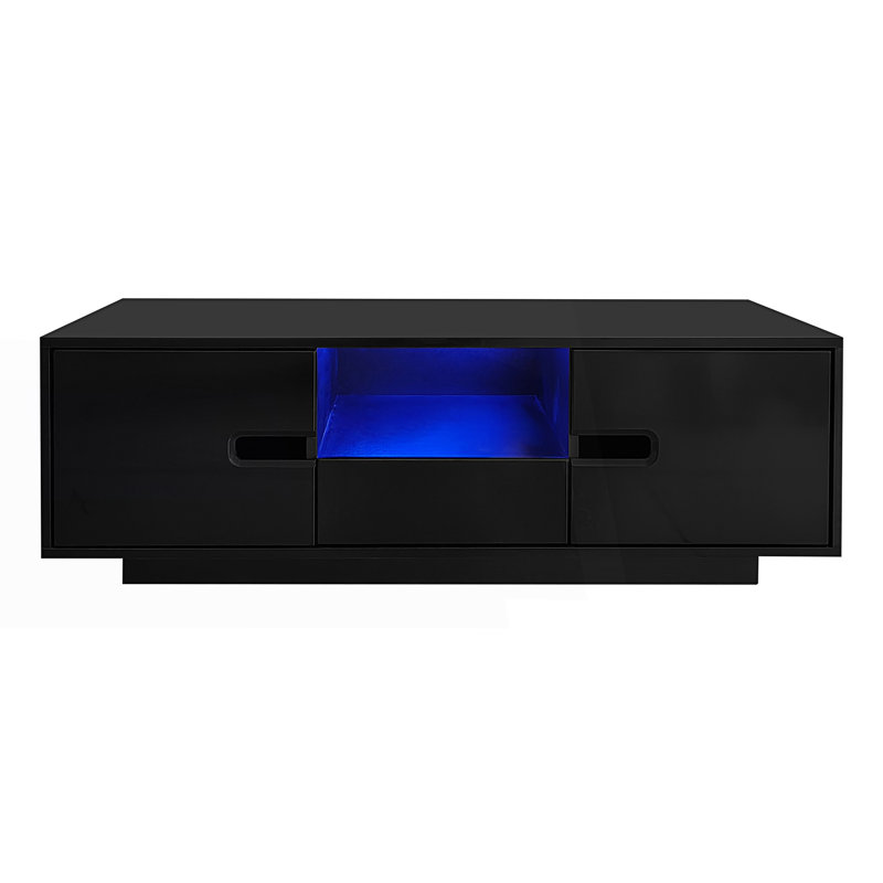 Modern High Glossy Rectangle Coffee Table, Stylish Centre Table With 16 Colour Led Lights, Living Room Table, Black