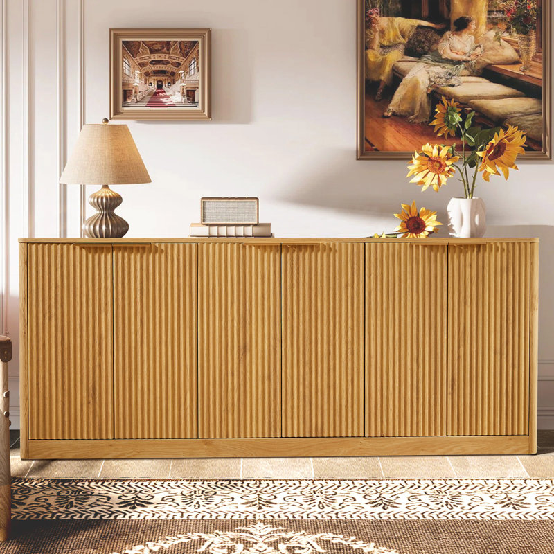 Modern Fluted Sideboard with Curved Edge, 6-Door Large Buffet Cabinet for Kitchen And Living Room, Natural