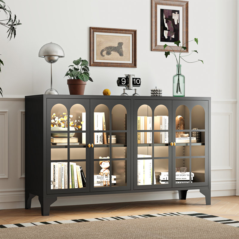 Buffet en métal l 53,2 po avec porte vitrée, tablettes réglables, lumière DEL COB, Noir