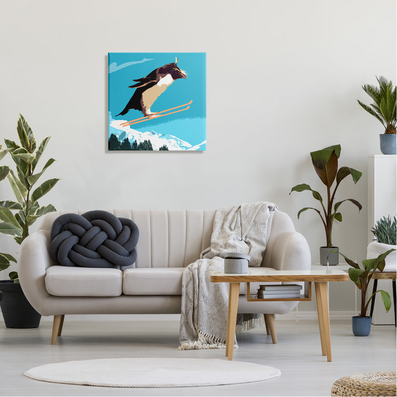 Pingouin qui skie au-dessus des arbres, illustration de sports d'hiver sur toile tendue surdimensionnée par Noah Bay am-975