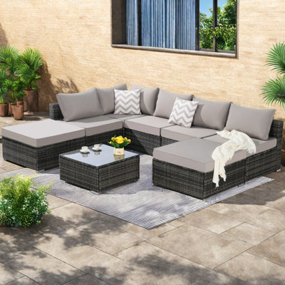 8 Pieces Outdoor Patio Sectional Sofa Couch,Wicker Furniture Conversation Sets With Washable Cushions & Glass Coffee Table For Garden, Poolside, Backyard