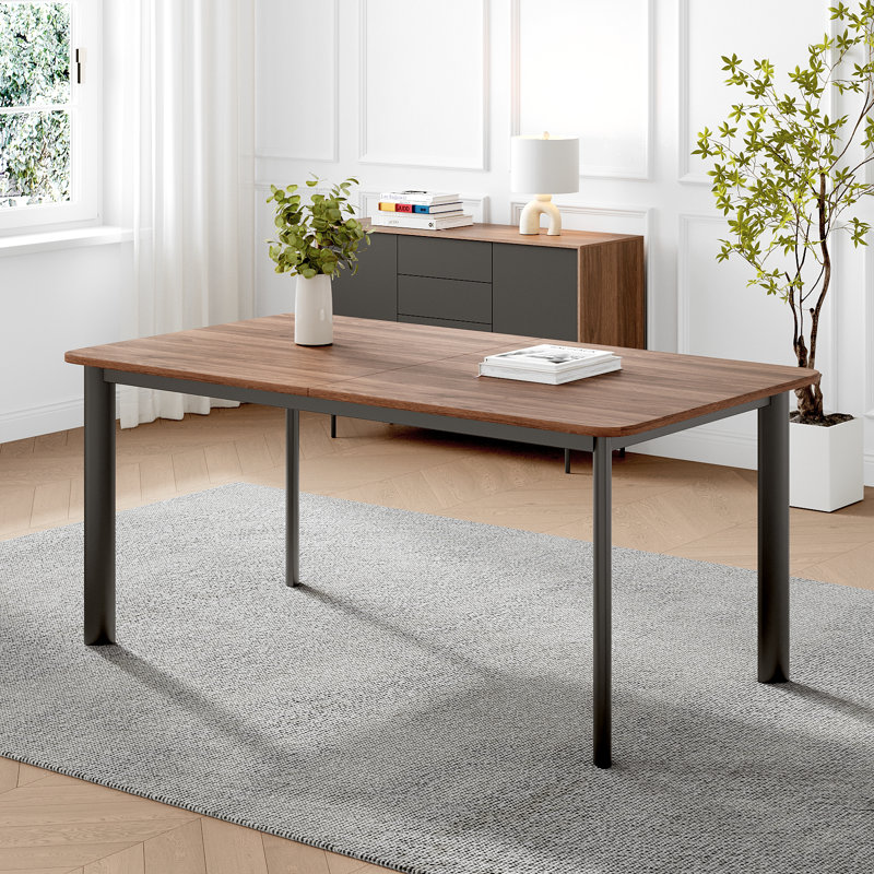 Extendable Metal Base Dining Table, Dark Brown Wood