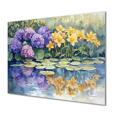 Hortensias et lys au bord du lac III - reproduction d'art traditionnelle en métal, hydrangées en métal