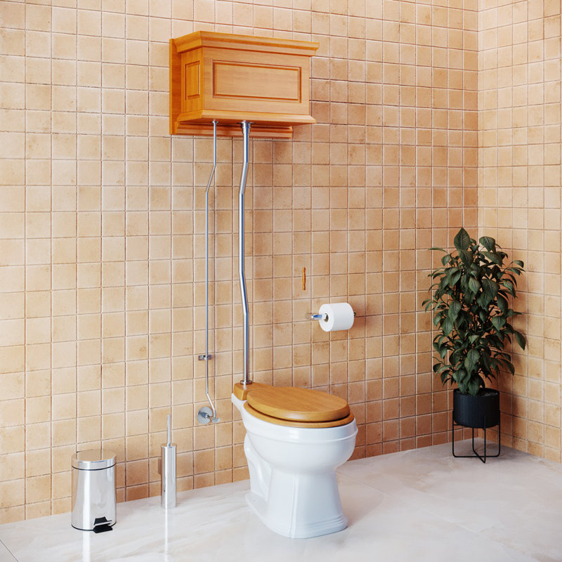 The Renovators Supply High Tank Pull Chain Toilet with Wooden Finish (Seat Not Included), Antique Light Oak/Silver