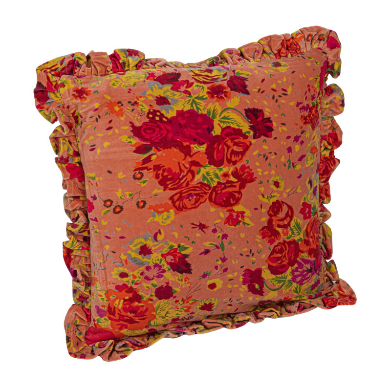Multicolor Floral Velvet Square Pillow with Ruffle Trim