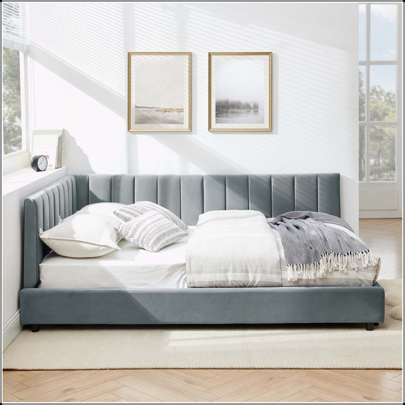 Comfortable Upholstered Sofa Bed Frame with Stylish Backrest and Armrests for Versatile Use, Grey