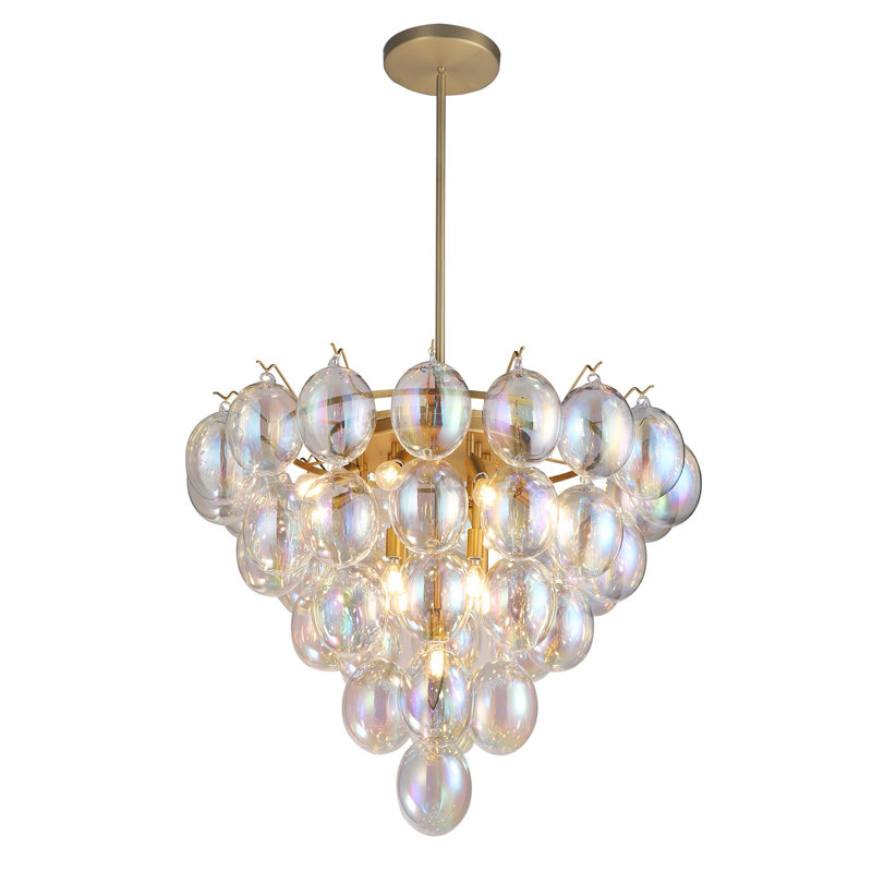 Globo - Chandelier - 9-Light - Milky White Glass/Brass, Brushed Brass, Iridescent, 32.5" H x 32.5" W