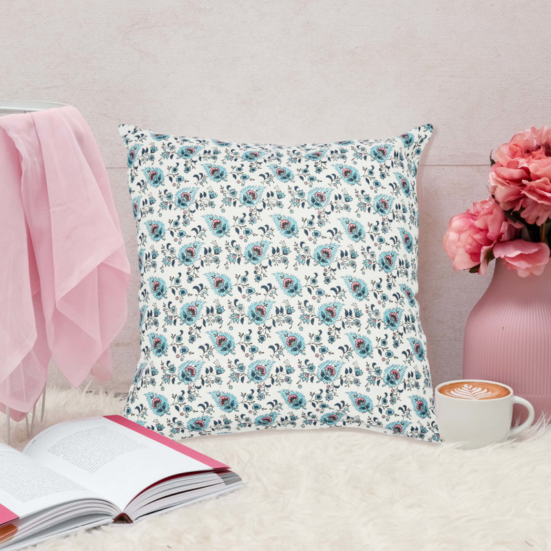 Eldana Floral Cotton Reversible Pillow Cover, Down Blend, Blue/Black/Beige