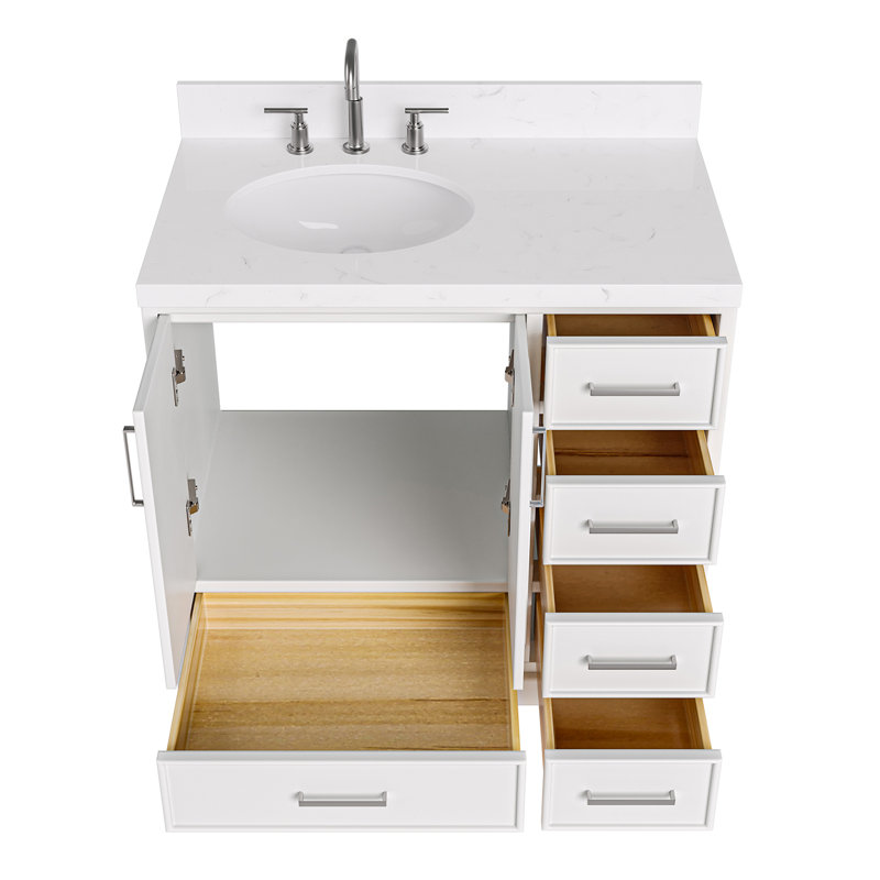 Ensemble de meuble-lavabo simple 36,25 po avec plateau en quartz Abshire, Blanc