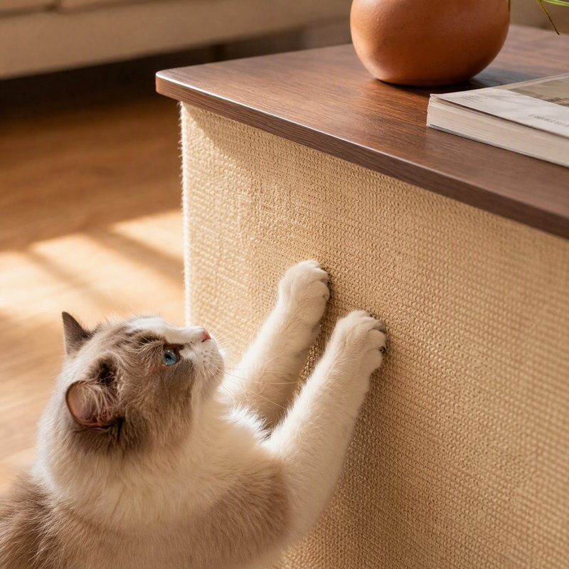 Table d'appoint 2 en 1 avec griffoir pour chat, roulettes verrouillables et rangement dissimulé