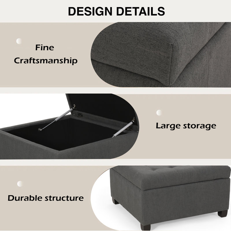 Repose-pieds rembourré avec rangement en tissu, Gris foncé