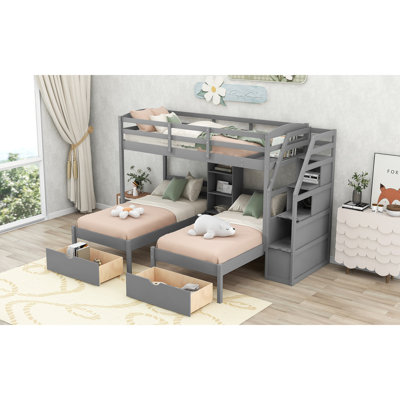 Bunk Bed, Triple Bunk Bed With Drawers, Staircase With Storage, Built-In Shelves