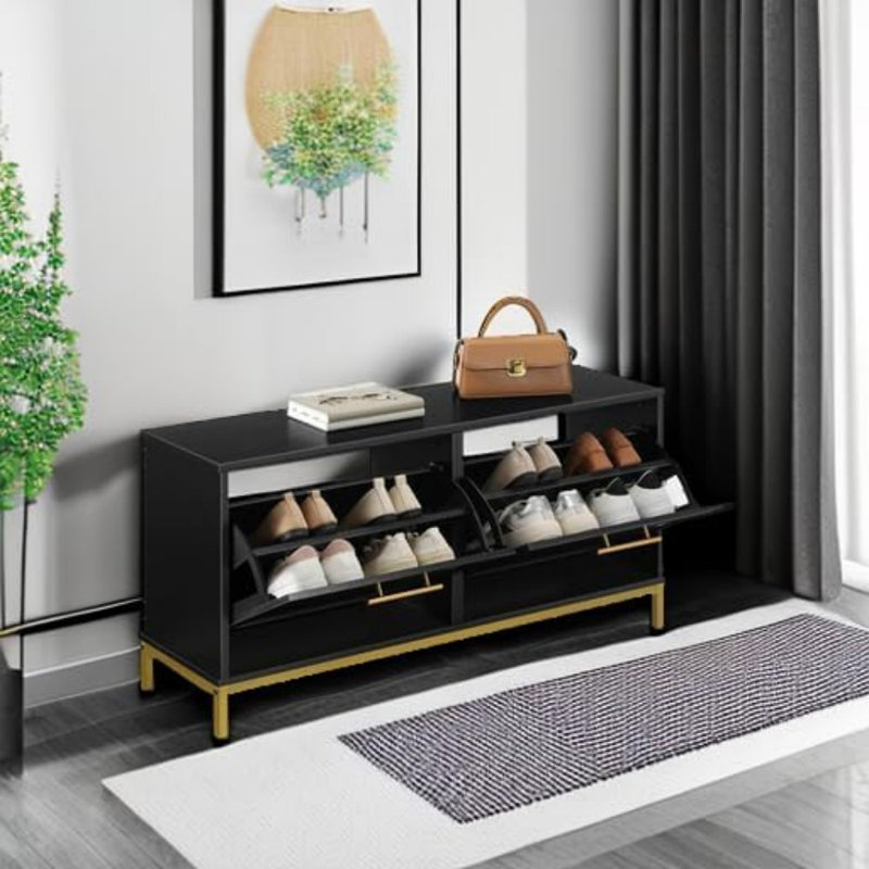 Shoe Bench For Entryway, Storage Bench With 2 Flip Drawers, Shoe Cabinet With Bench, Hidden Shoe Rack Organizer, For Foyer, Hallway, Mudroom