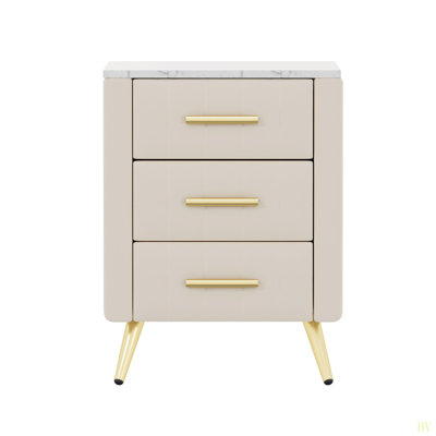 Upholstered Wooden Nightstand With 3 Drawers And Metal Legs Handles, Bedside Table With Marbling Stickers Worktop