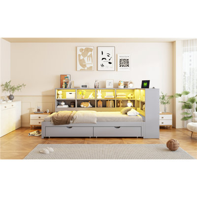 Lit de jour simple TG à très grand lit avec deux tiroirs de rangement, armoires de rangement à lumière DEL et ports USB, gris