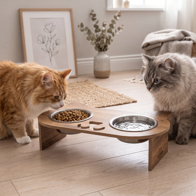 Modern Cat-Shaped Wood-Finish Raised Double Pet Feeder with Stainless Steel Bowls
