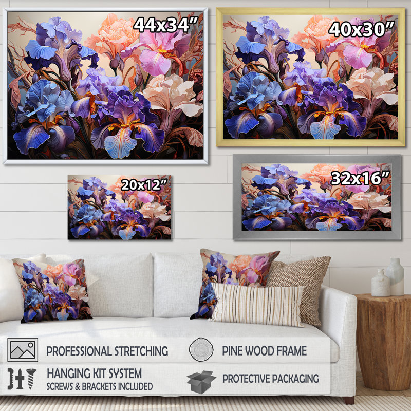 Mauve et rose, féroces iris, expression sauvage de fleurs sur toile, Cadre flottant noir, H 30 po x l 40 po x P 1,5 po