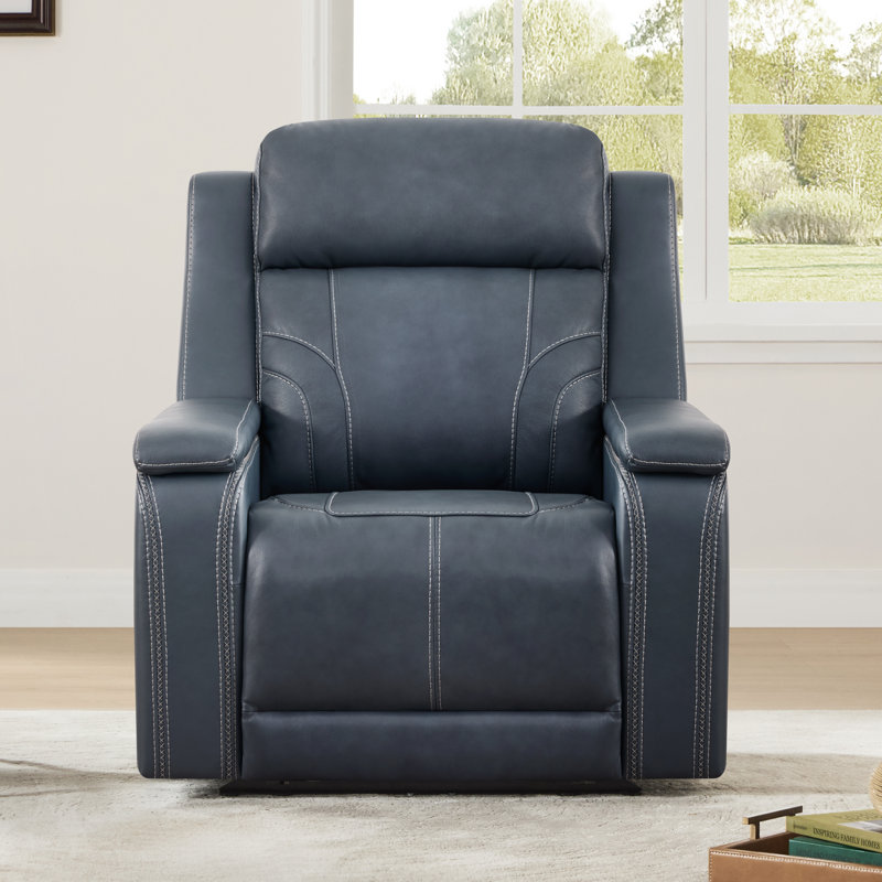 Dual Motor Genuine Leather Power Recliner with Power Headrest, Navy