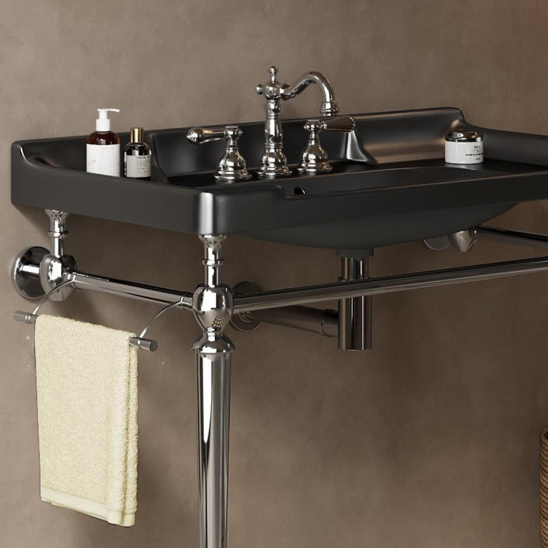 Meuble-lavabo contemporain en céramique noire, acier inoxydable durable au fini chromé pour salle de bain moderne