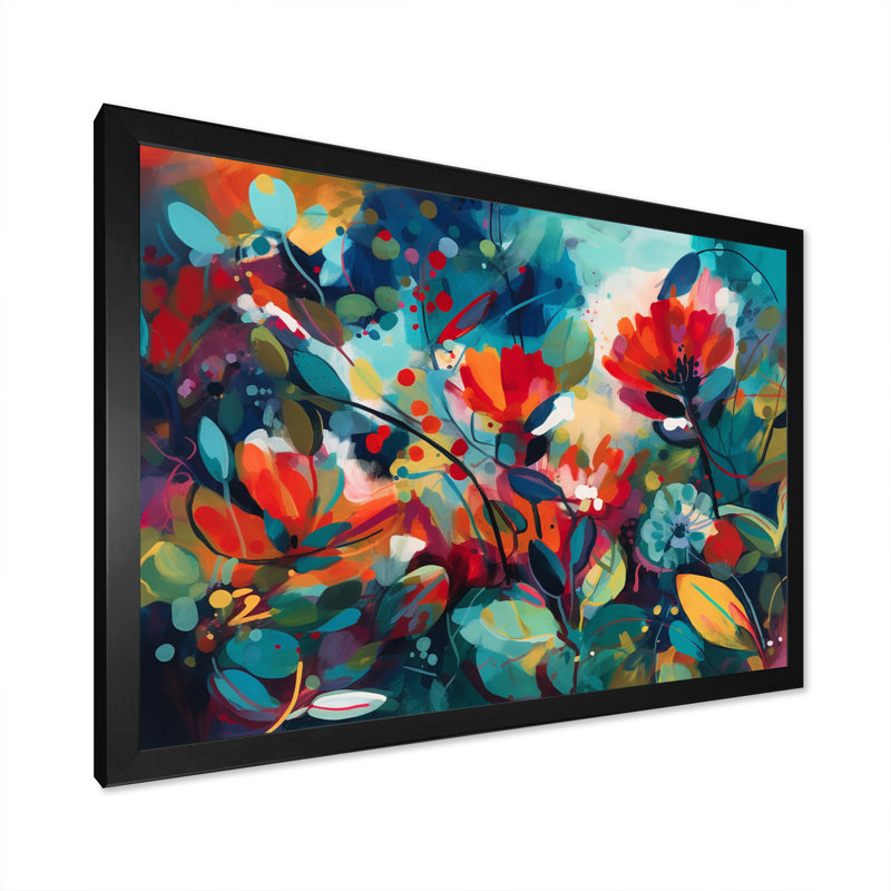«Rogar Red Vibrant Garden Symphony I», reproduction d'art sur toile florale, Cadre photo noir, H 12 po x l 20 po x P 1 po