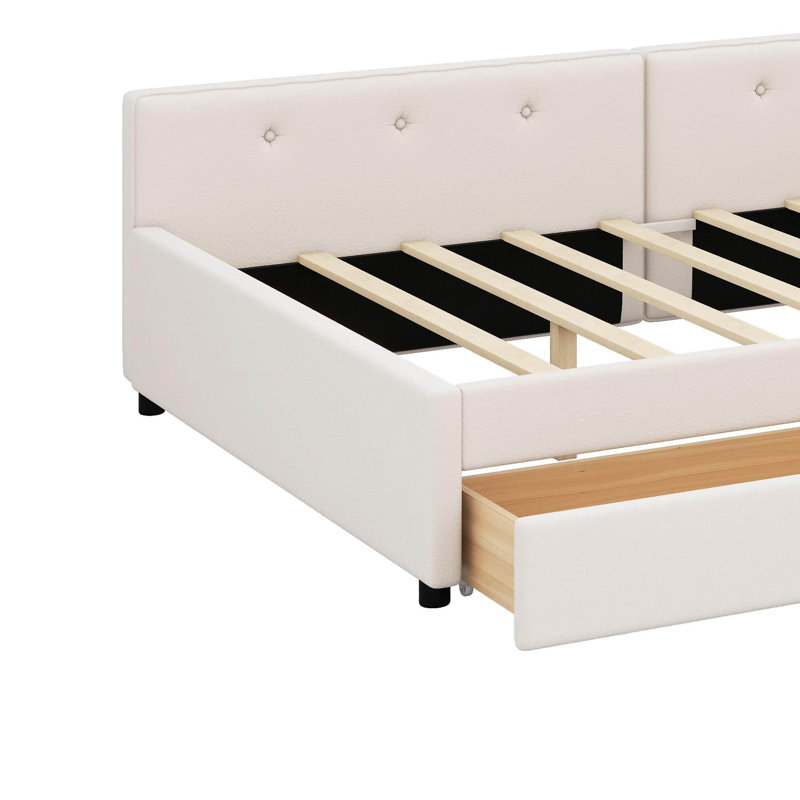 Lit plateforme tapissier pleine grandeur avec port USB et tiroirs