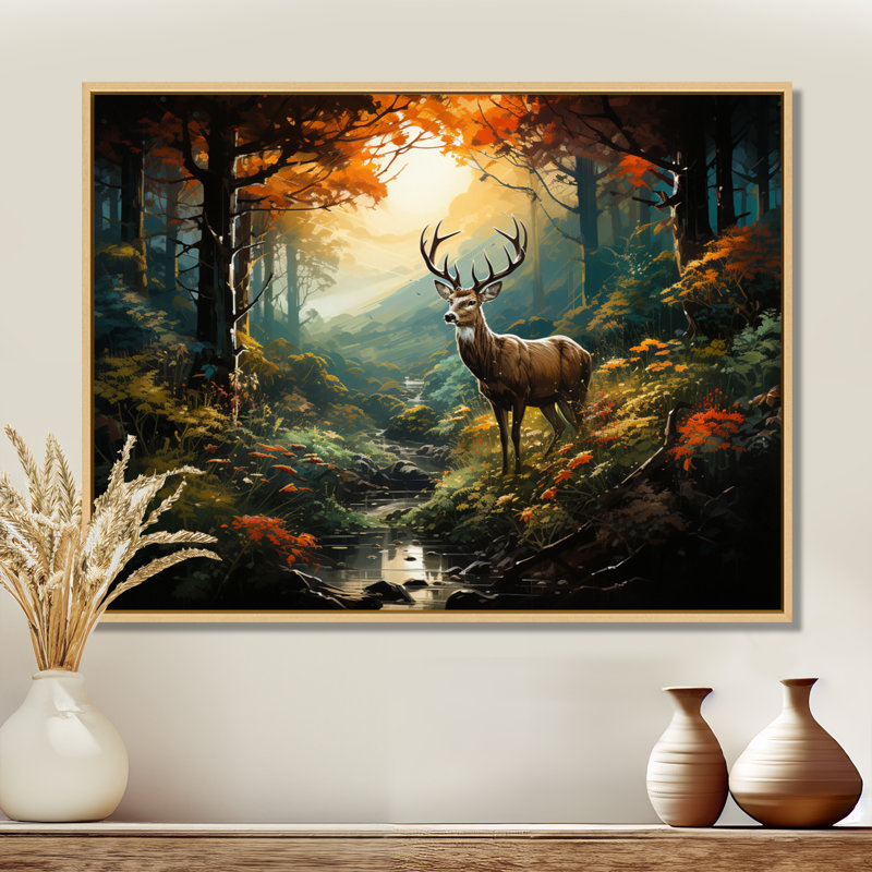 Vert et brun, cerf dans la forêt, impression d'art animalier mural, Cadre flottant brun, H 12 po x l 20 po x P 1 po