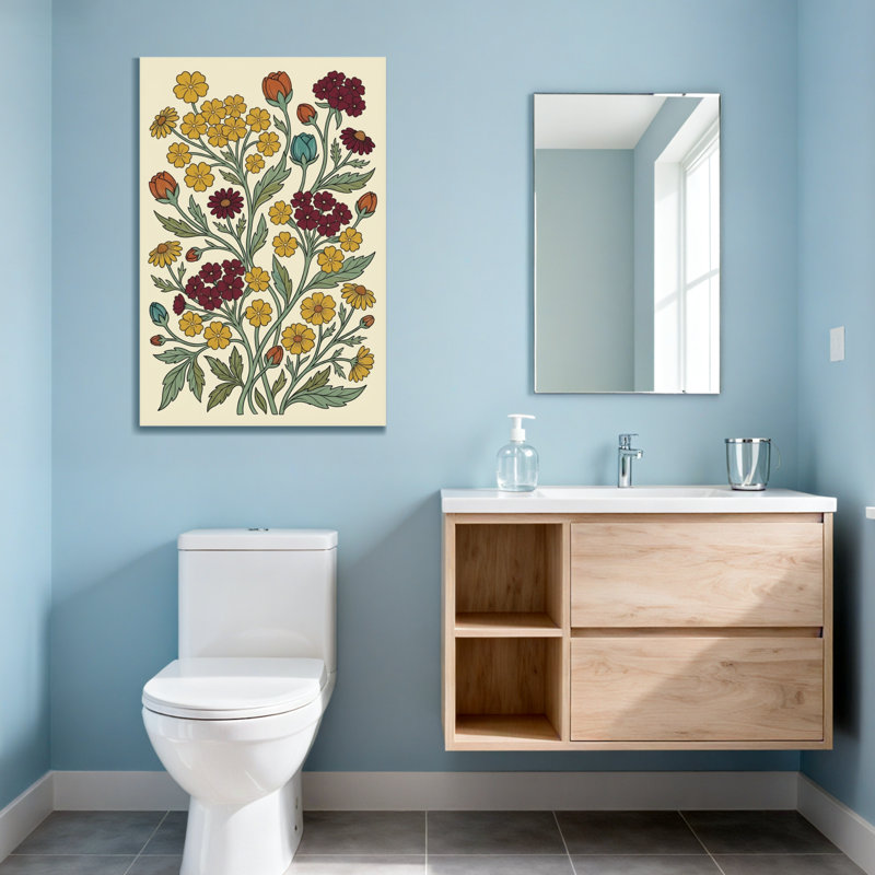 Motif floral de plantes et de fleurs avec des fleurs jaunes et rouges, H 48 po x l 32 po