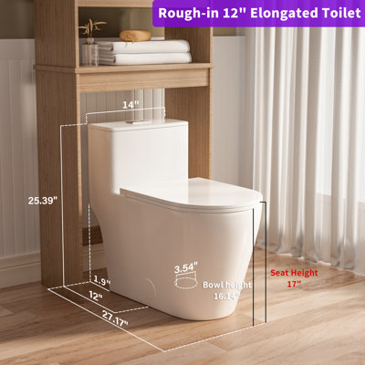 Modern 17" Comfort Chair Height Toilet Powerful Dual Flush Elongated One-Piece Bathroom Toilet Bowl, Quiet Close Seat