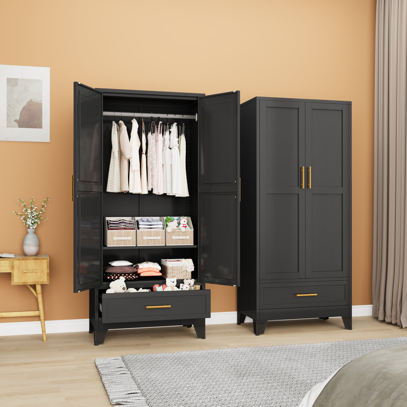 Armoire-penderie moderne en métal de 70,87 po de hauteur avec un tiroir et une tringle, Noir, noir, noir, noir