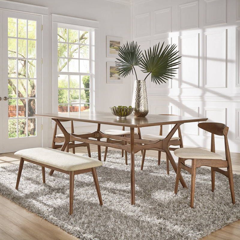 Ensemble de salle à manger rectangulaire Wynonna Mid-Century, 6 pièces: table, banc, 4 chaises