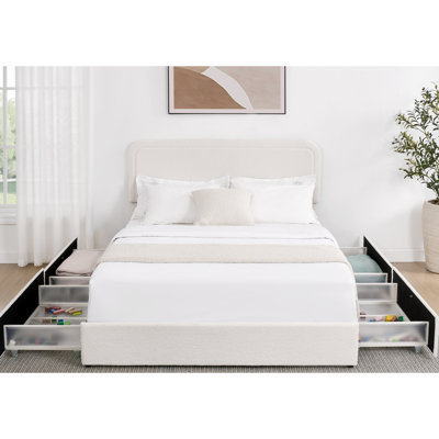 Liv Queen Size Ivory Boucle Upholstered Platform Bed With Patented 4 Drawers Storage, Curved Stitched Tufted Headboard, Wooden Slat Mattress Support, No Box Spring Needed