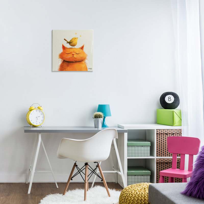 Oiseau perché sur un chat, art mural par Roozbeh Bahramali, H 17 po x l 17 po