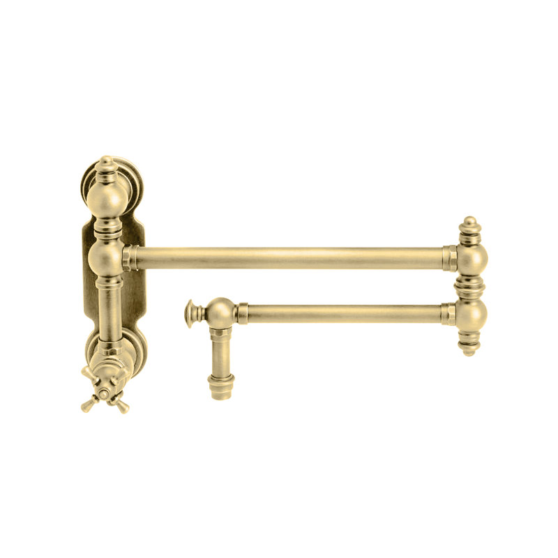 Traditional Wall Mounted Potfiller - Cross Handle, Unlaquered Polished Brass