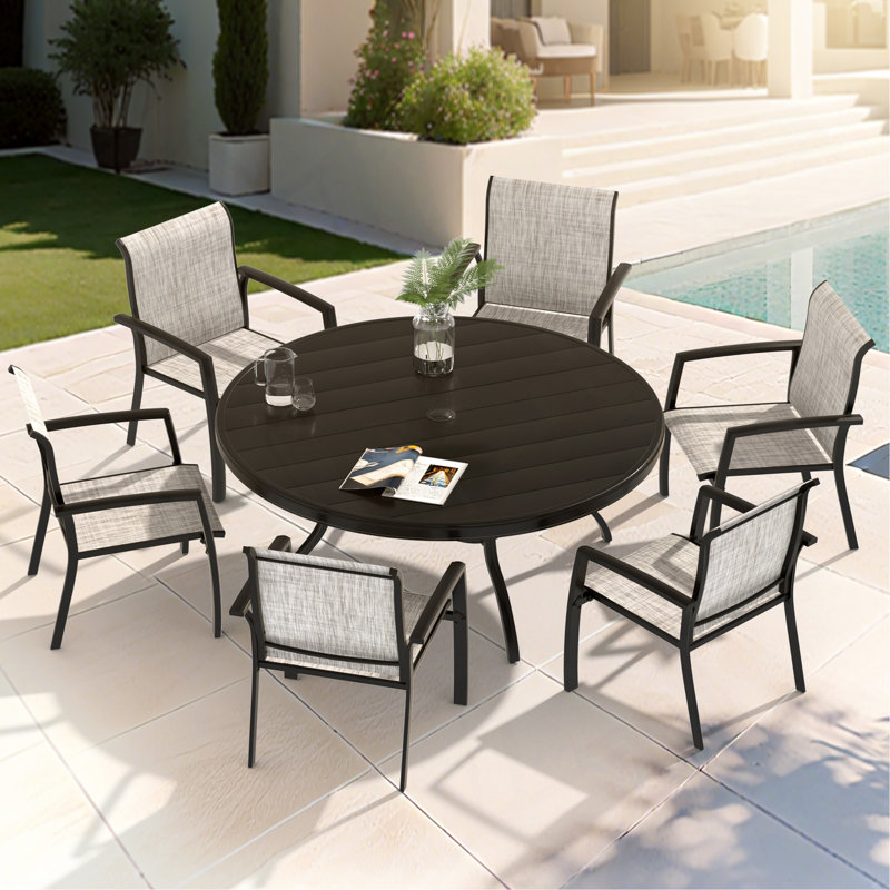 Outdoor Round Patio Dining Table For 6 7, All Weather Metal Dining Table With Umbrella Hole For Deck Lawn Garden Backyard, Black