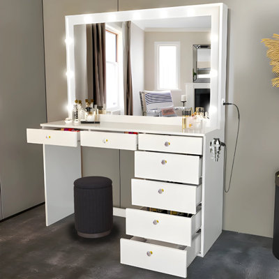 Boahaus Diana LARGE Lighted Vanity Makeup Desk, Big Vanity Mirror with Built-In Lights, Stool, 07 Drawers, C/USB Power Outlet -  Boahaus LLC, W.16.09-23-6105-11B-6209-07-1705-02