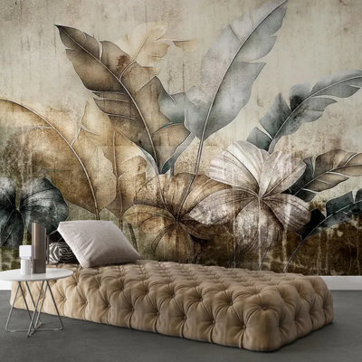 Vintage Botanical Tropical Leaves Wall Mural, Neutral Earth Tone Floral Jungle Panorama, Artistic Nature Statement Wall Decor
