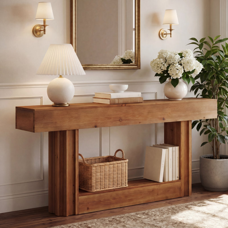 Console de 63 po en bois massif, table d'entrée longue à 2 niveaux