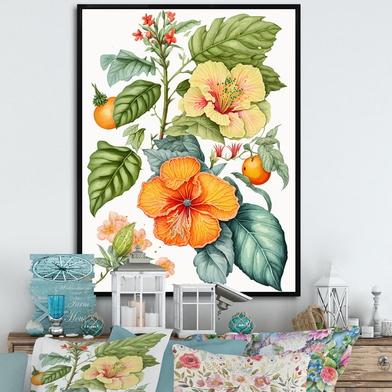 «Blossiming Yellow Retro Hibiscus I - Floral Hibiscus, art mural sur toile, H 32 po x l 24 po x P 1 po, Cadre flottant noir
