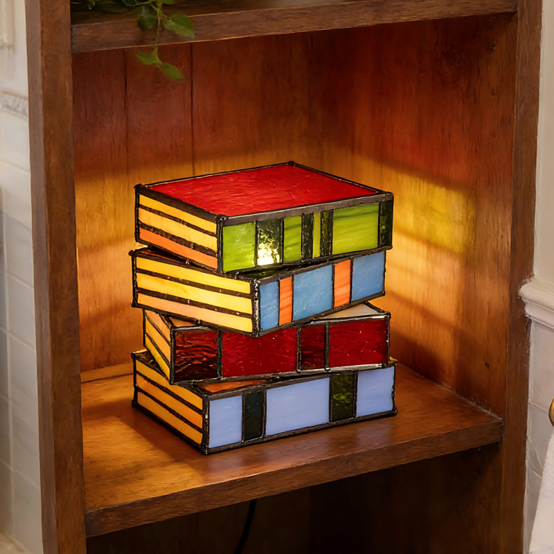 6.7" Tiffany Style Stacked Books Stained Glass Table Lamp (Bulb Included) For Bedroom Nightstand Living Room Study Library