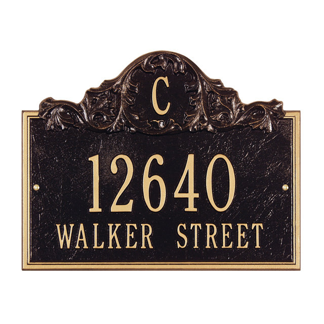 Acanthus Monogram 3-Line Wall Address Plaque, Black and Gold, Yes