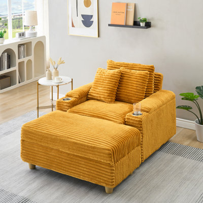 Canapé simple en velours côtelé avec un coussin, deux coussins décoratifs, un repose-pieds et deux espaces de rangement