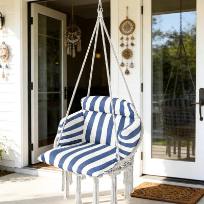 Balancelle suspendue d'extérieur moelleuse avec balancement sécuritaire, installation facile et utilisation polyvalente à l'intérieur comme à l'extérieur, bleu et blanc, 80 cm de large. Confort moelleux, structure en acier robuste, clip à ressort pour une utilisation en toute sécurité.