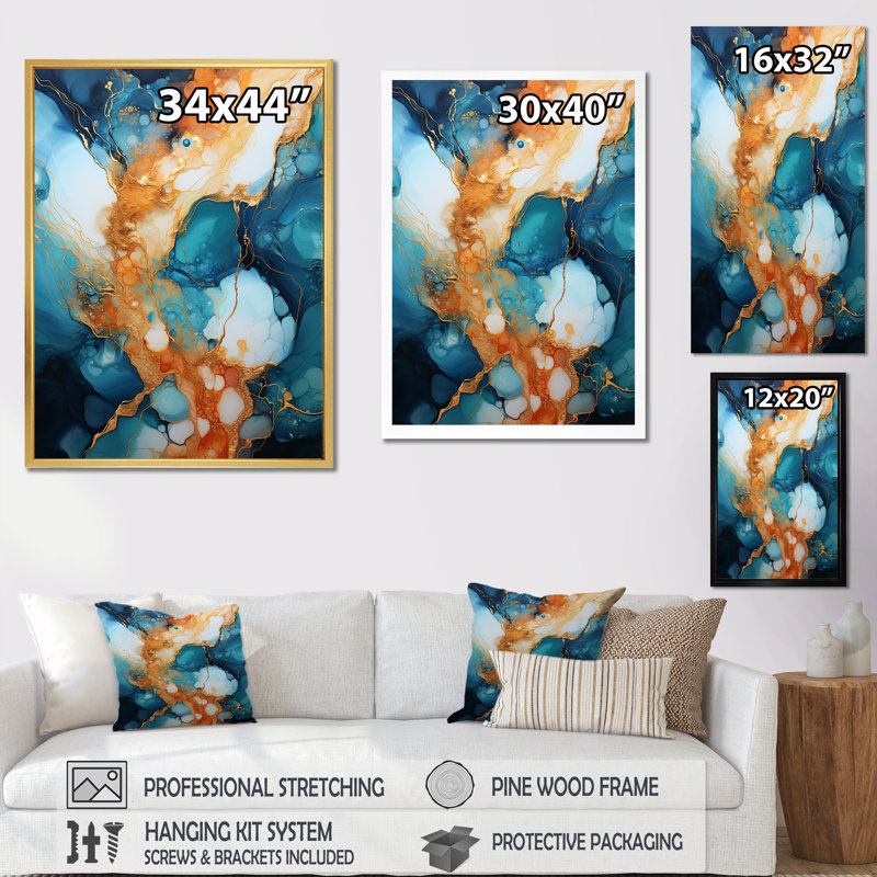 «Blue and Brown Geyser», reproduction d'art sur toile, formes abstraites, Cadre flottant doré, H 44 po x l 34 po x P 1,5 po