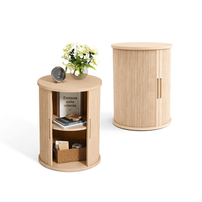 Round Fluted End Table With Sliding Tambour Door And Storage Shelf (Set Of 2)