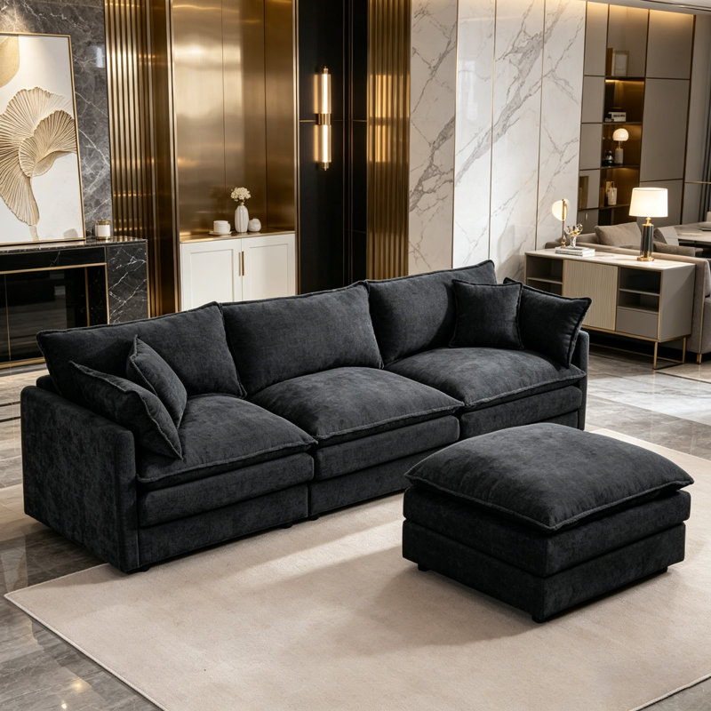 Canapé-lit 3 places confortable avec repose-pieds mobile, Black