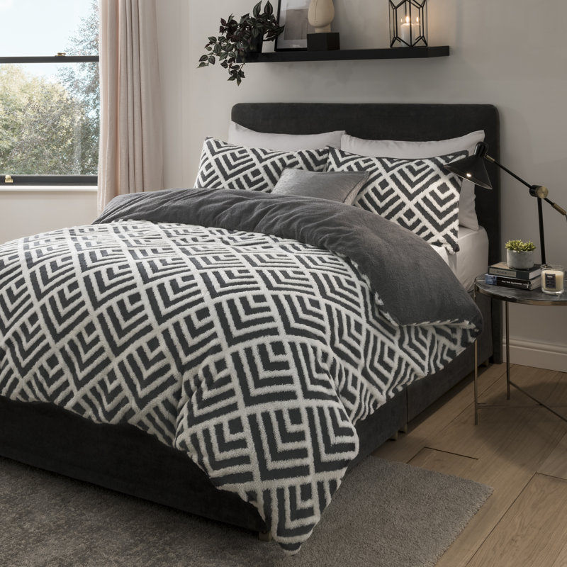 Torresdale Polyester Geometric Shapes Duvet Cover with Pillowcases, Charcoal, Super King - 2 Standard Pillowcases