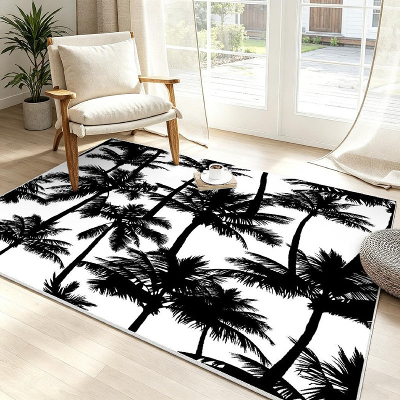 Tapis blanc lavable à la machine, palmiers noirs dessinés pour l'intérieur, Rectangle 39 po x 63 po