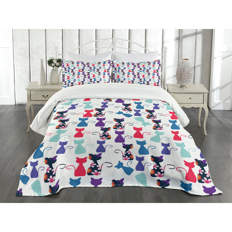 Colorful Cat Print King Quilted Bedspread Set with Shams