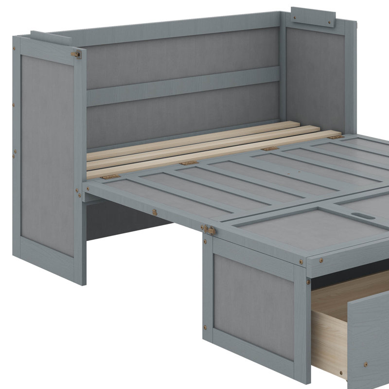 Lit escamotable double avec port USB et tiroir, Gris